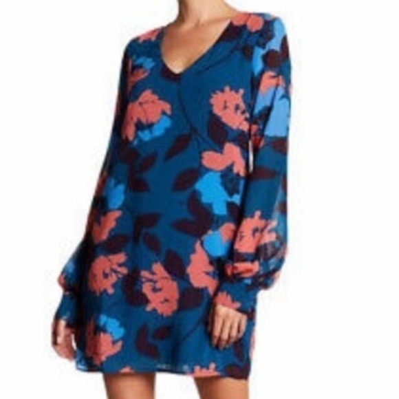 CHARLES Henry Dress blue Floral Print Long sleeve Sheer Shift small - Picture 2 of 13